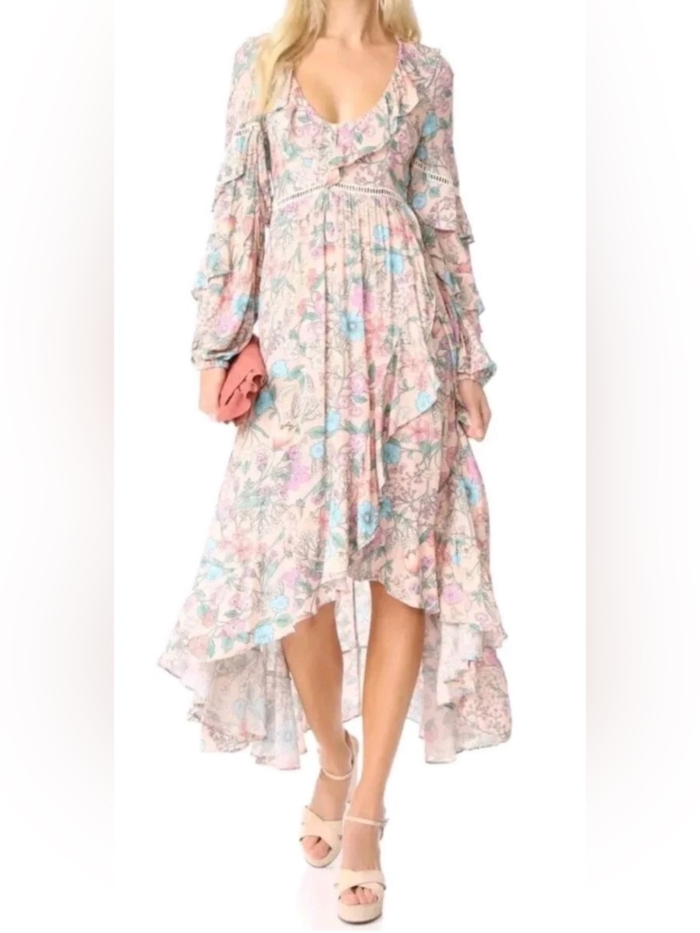 EUC Spell Sayulita Frill High-Low Midi Dress in musk